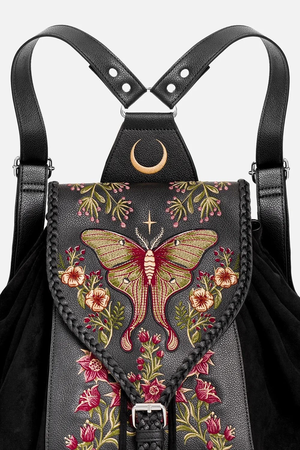 renaissance faire moon and moth vegan suede backpack 