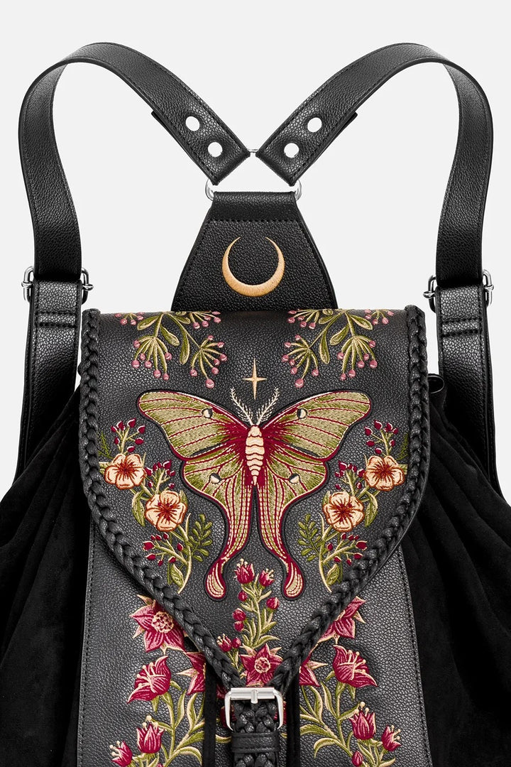 renaissance faire moon and moth vegan suede backpack 