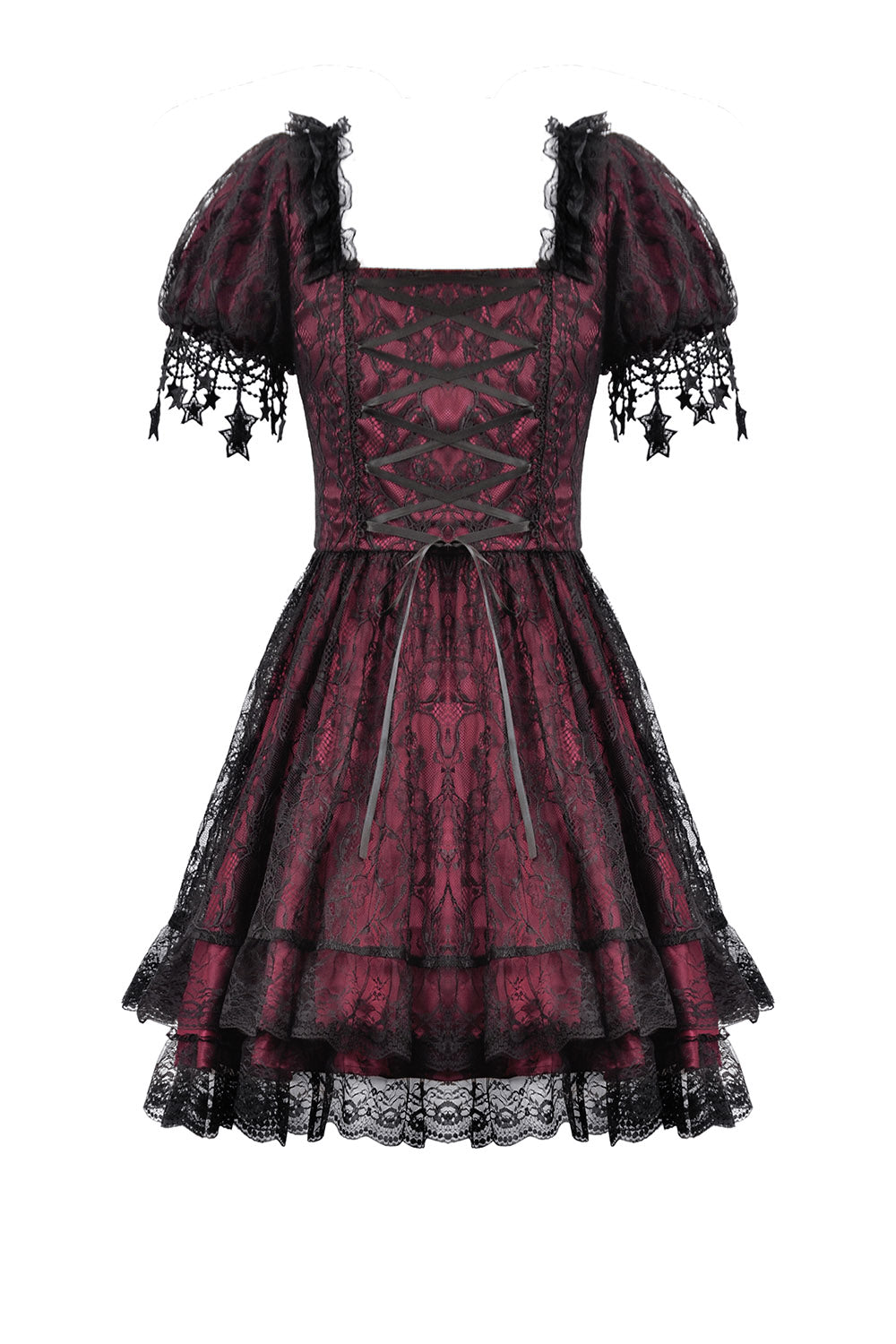 fit and flare black and red sweetheart neckline dress  with embroidered moon sleeves
