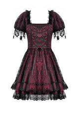 fit and flare black and red sweetheart neckline dress  with embroidered moon sleeves