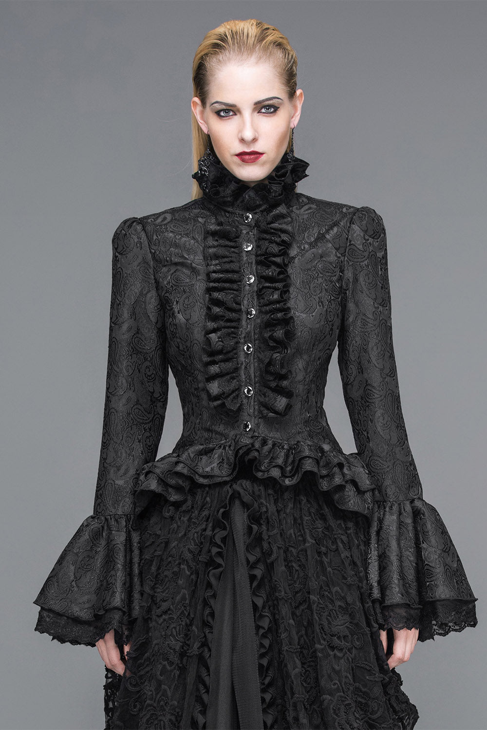 high ruffle collar corset top with ruffles and flared witchy sleeves 