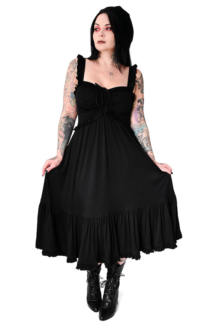 ruffle shoulder straps midi length gothic dress