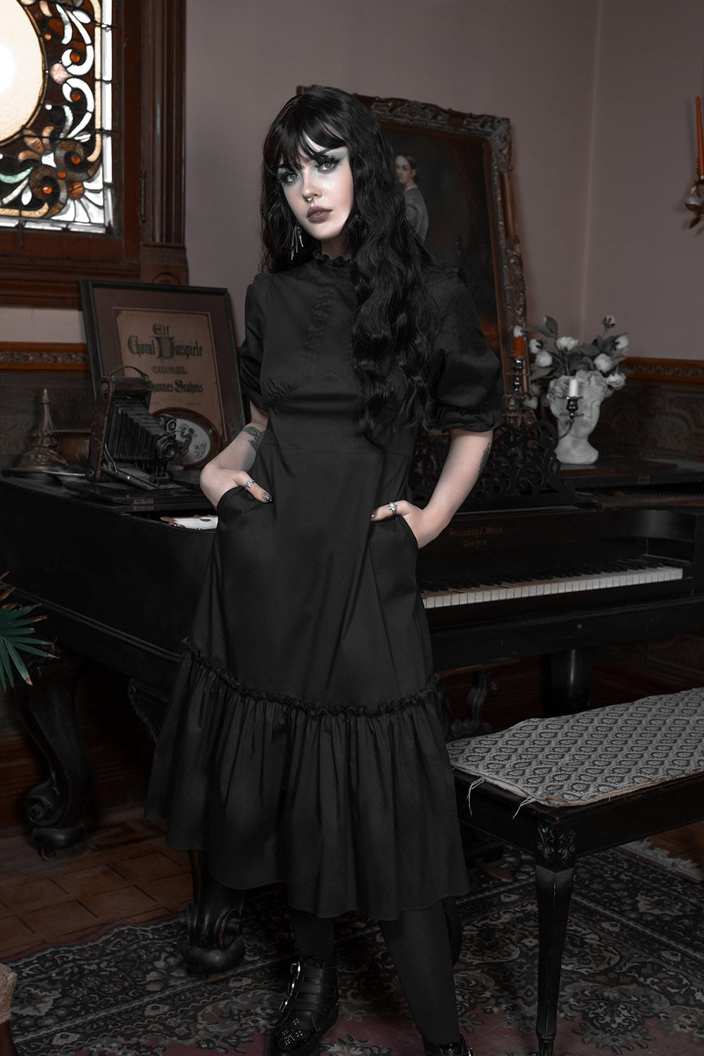 vintage goth high collared ruffle midi dress by lively ghosts 