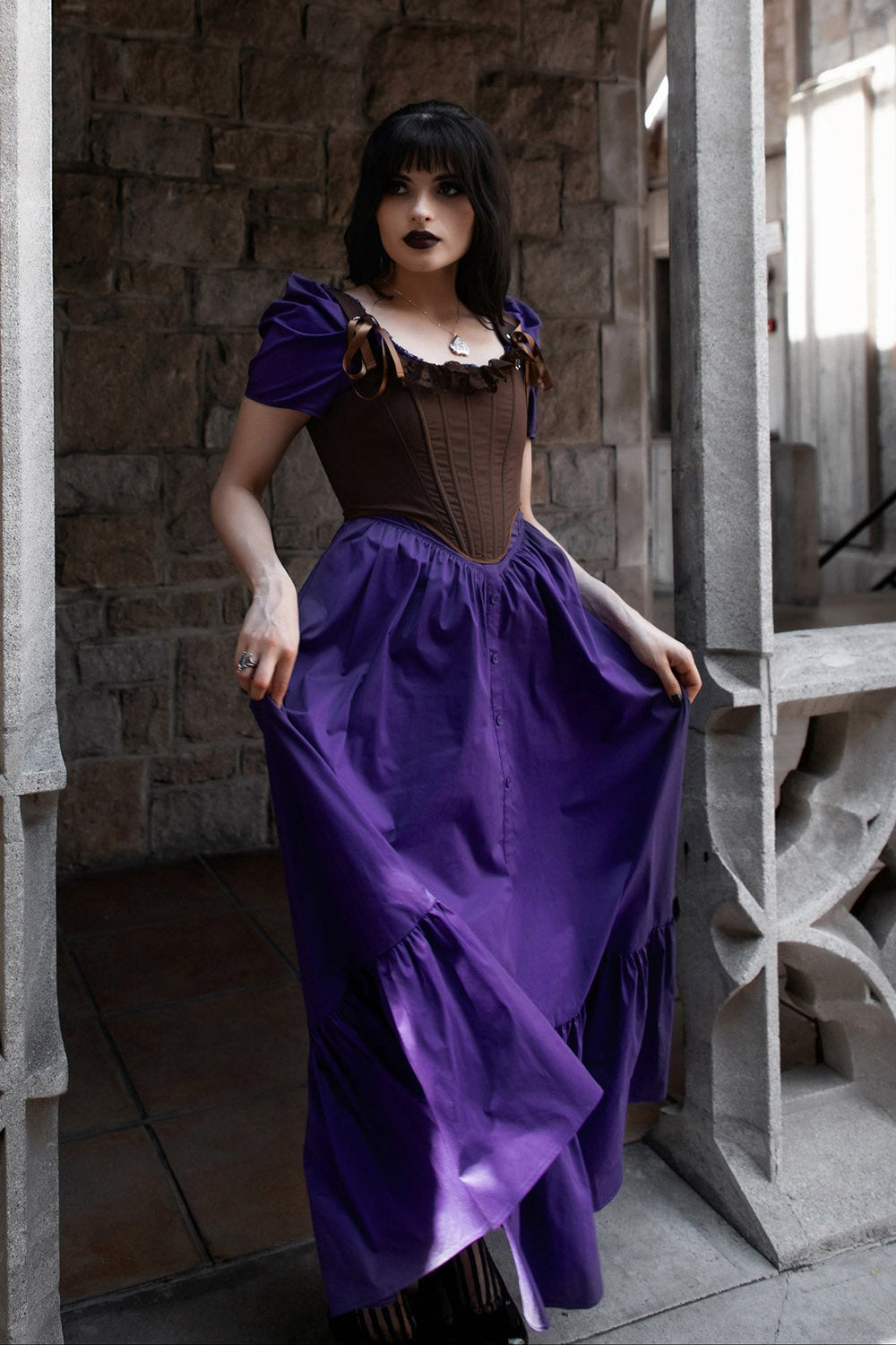 puff shoulder long western purple dress by lively dress