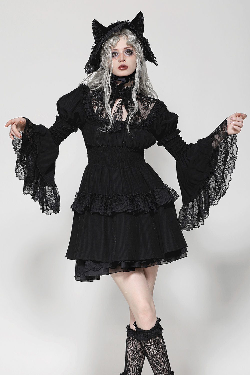 Dark In Love goth lace dress on model