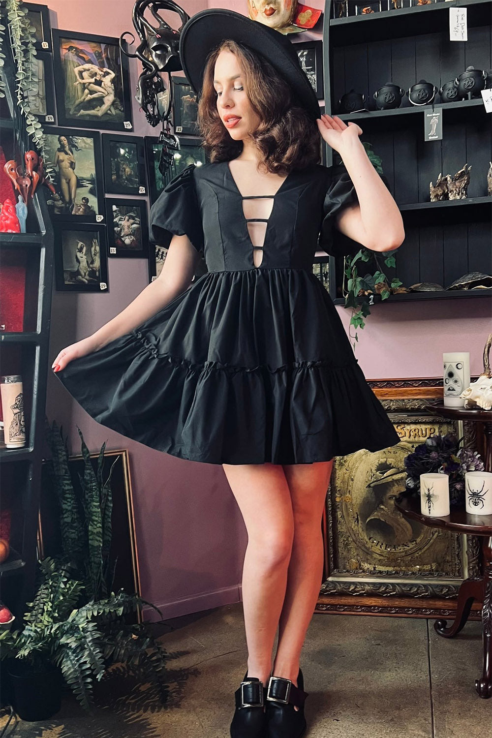 womens dark cottagecore deep v-neck dress