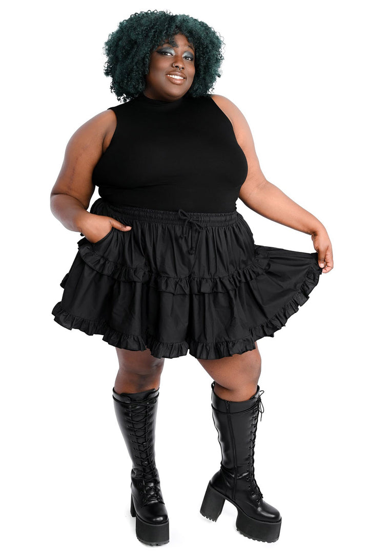 black cotton ruffle mini skirt