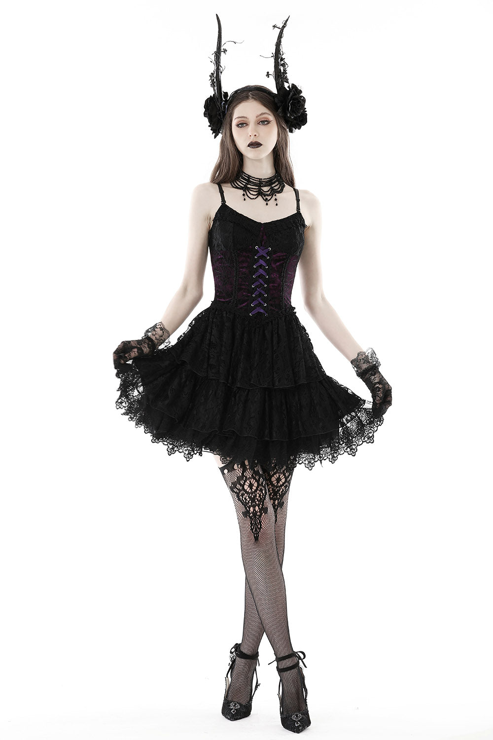 white christmas dresses Off-Shoulder Black Ruffled Lace-Up Slouchy Goth Dress main image 1