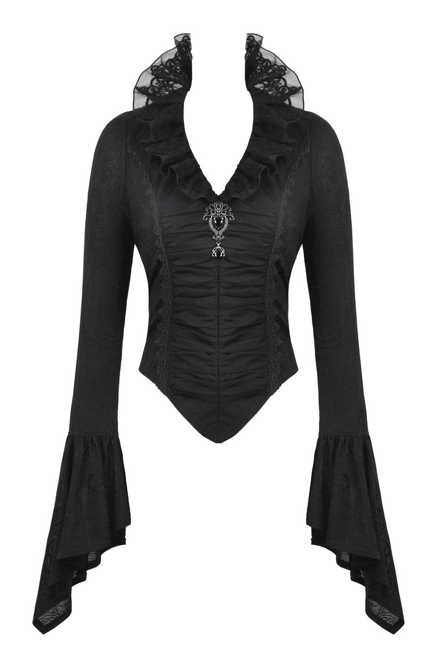 Black long-sleeve gothic-style top with ruffled collar, lace shoulder details, ruched front, and flared bell sleeves, shown on a white background.