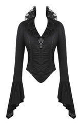 Black long-sleeve gothic-style top with ruffled collar, lace shoulder details, ruched front, and flared bell sleeves, shown on a white background.