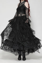 womens ruffled black lace gown