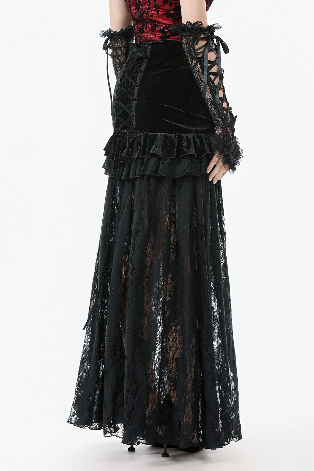 ruffled hips long lace maxi skirt