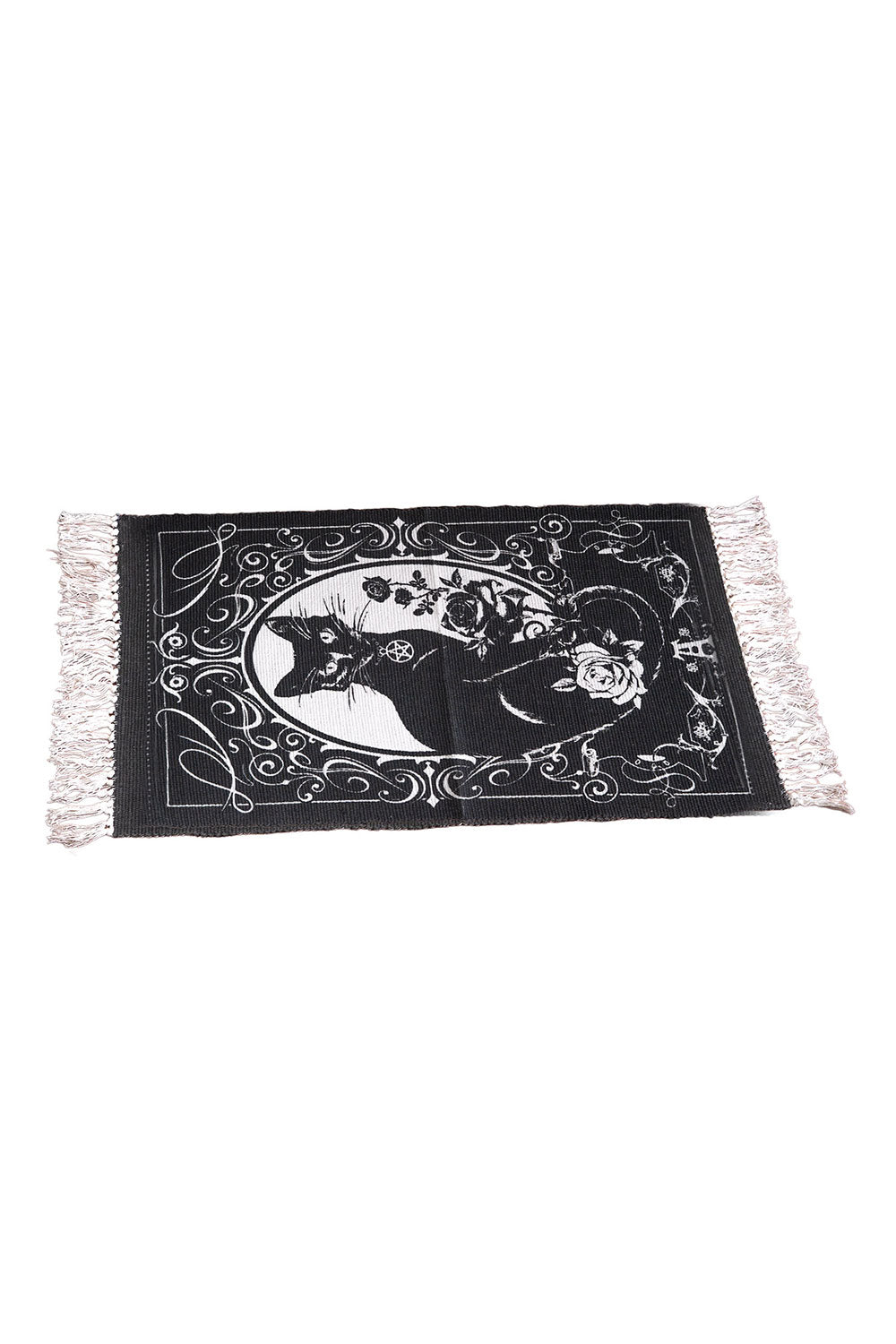 Small black and white cotton rug with cat and tassels