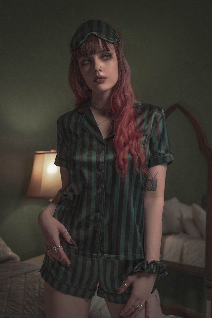 womens gothic green and black striped satin pajama set