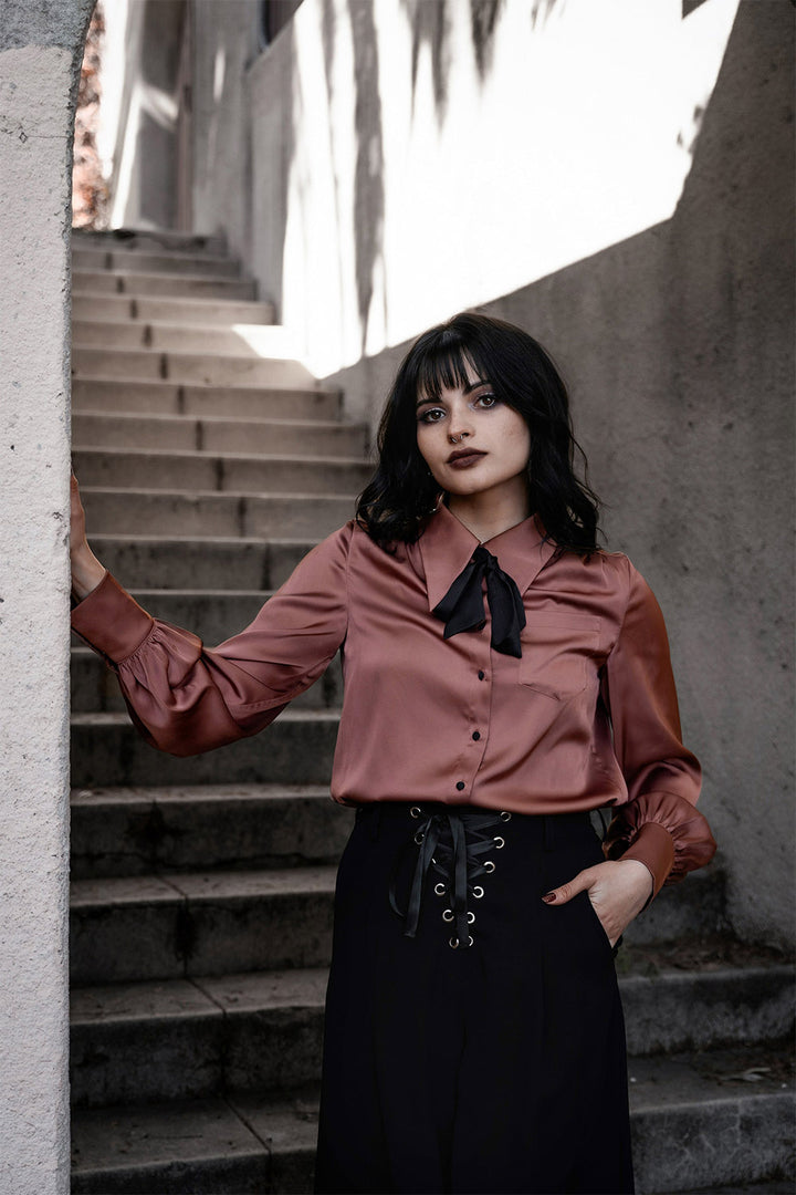 womens dark dusty pink rose satin buttoned shirt