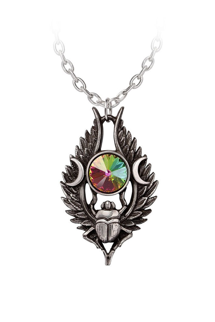 Necklace with a colorful gemstone and winged beetle design on a white background