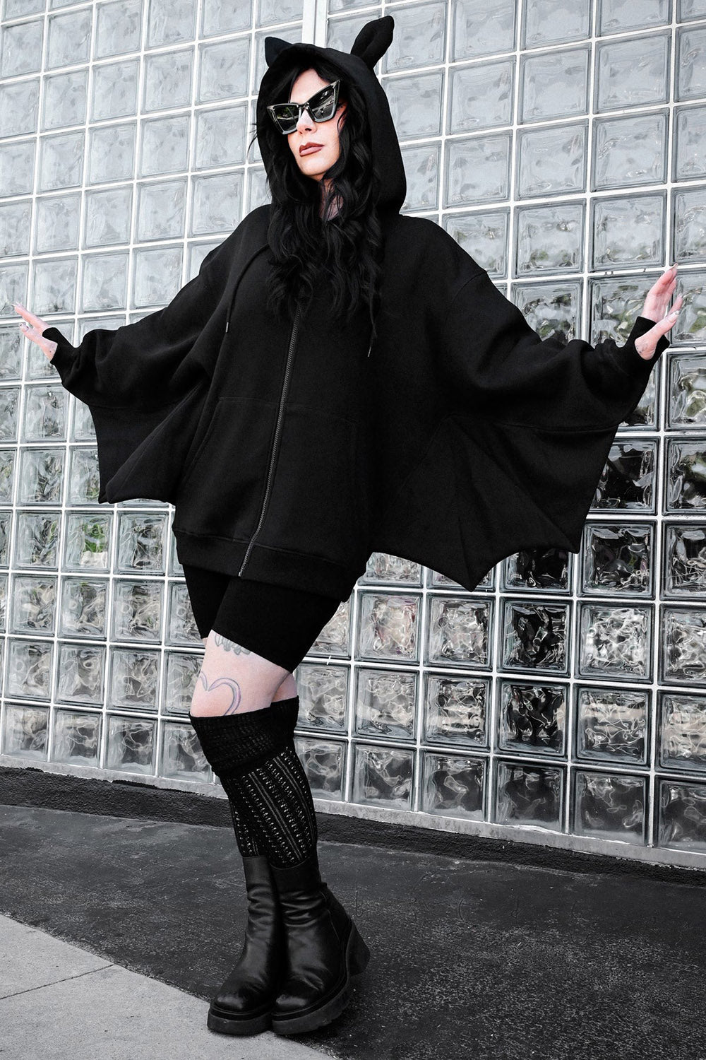 oversized emo hoodie with bat wing sleeves