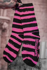 black and pink distressed stripe socks