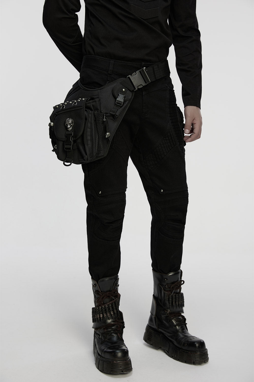 black mens skull studded waist bag