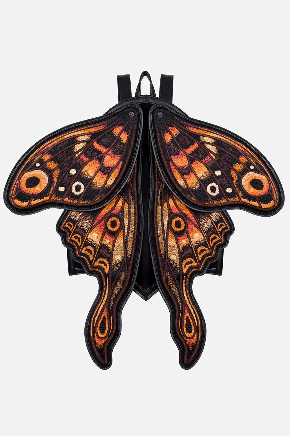 Butterfly-shaped backpack with orange and black wings on a white background