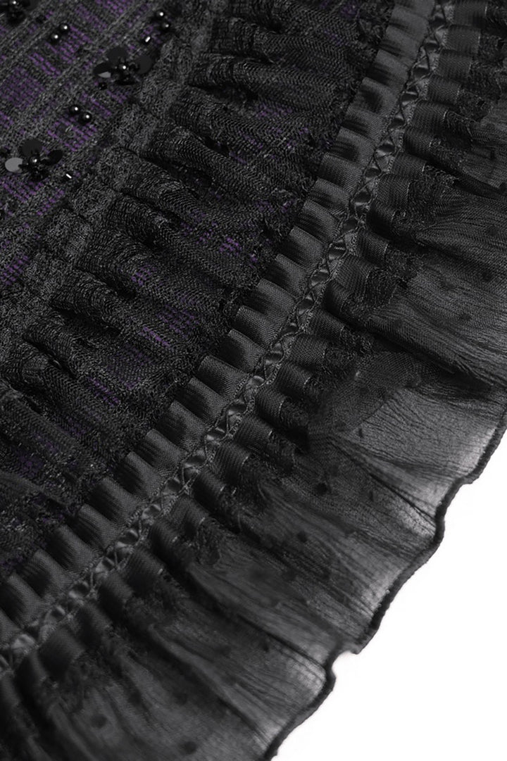 beaded ruffle purple and black plaid mini skirt