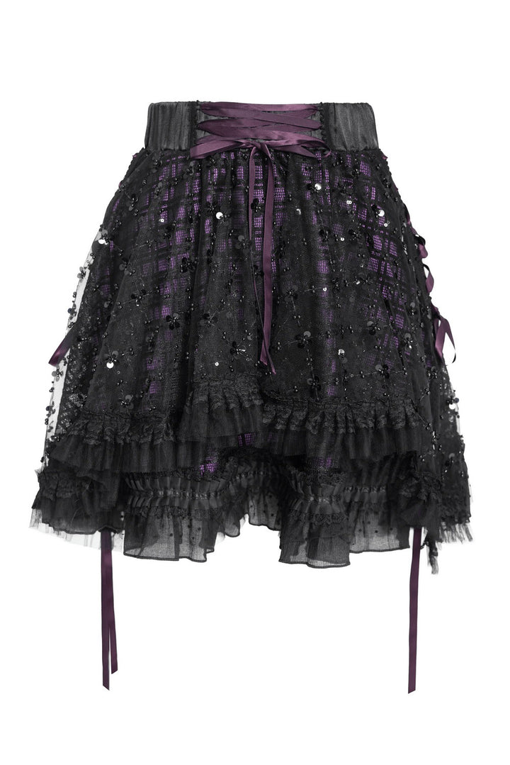 tulle overlay purple and black plaid mini skirt