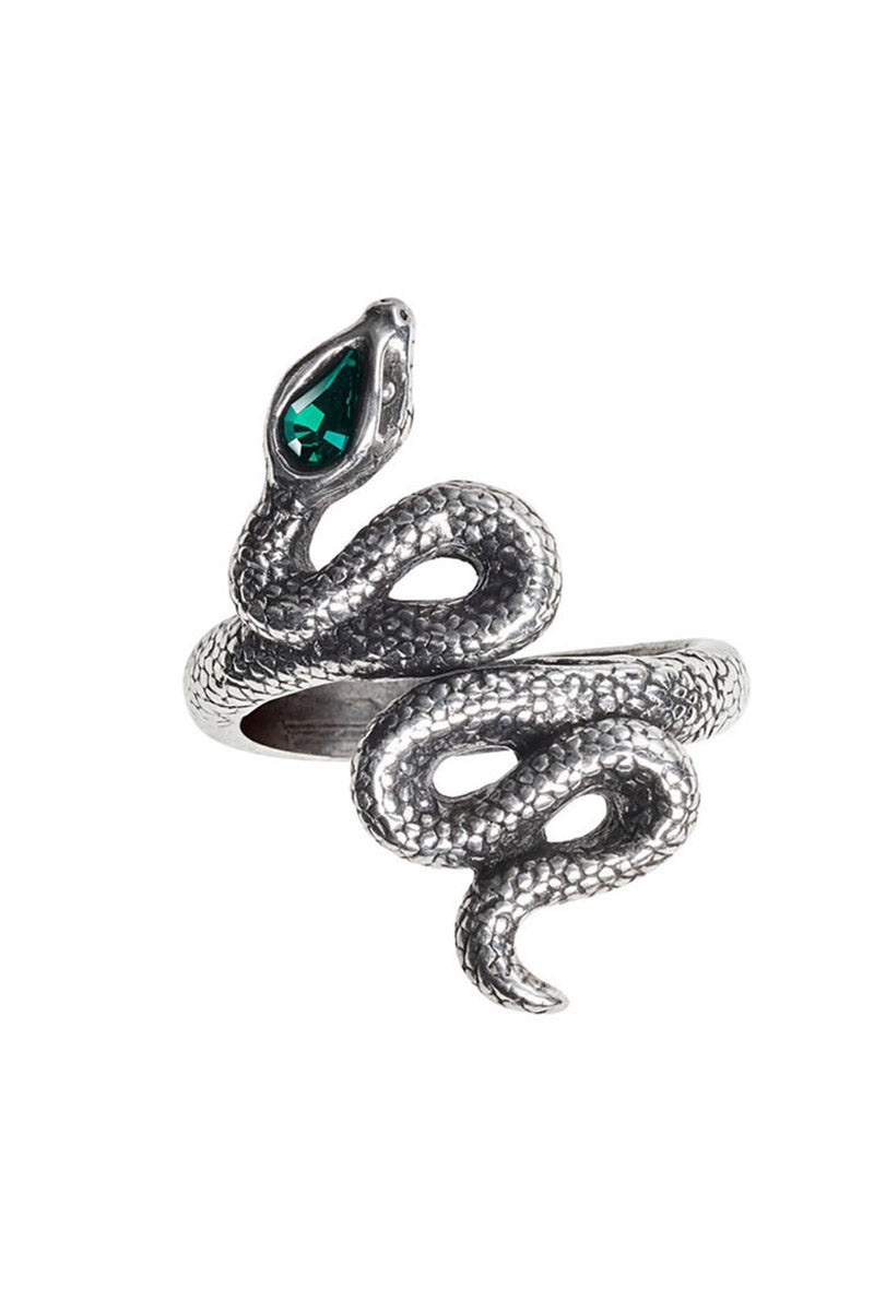 pewter silver snake ring with green crystal gemstone