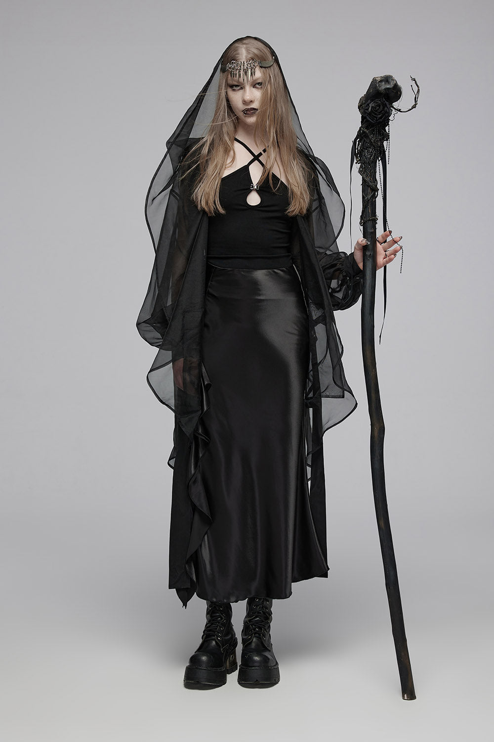 goth black satin skirt