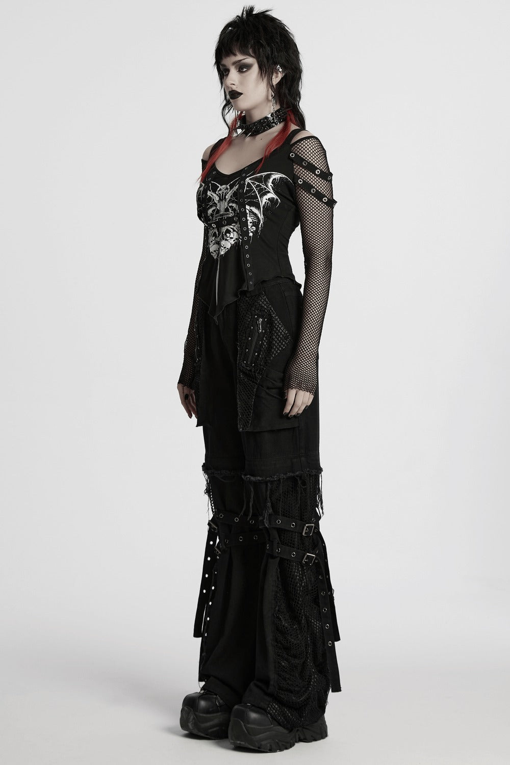 long sleeve gothic cold shoulder fishnet top