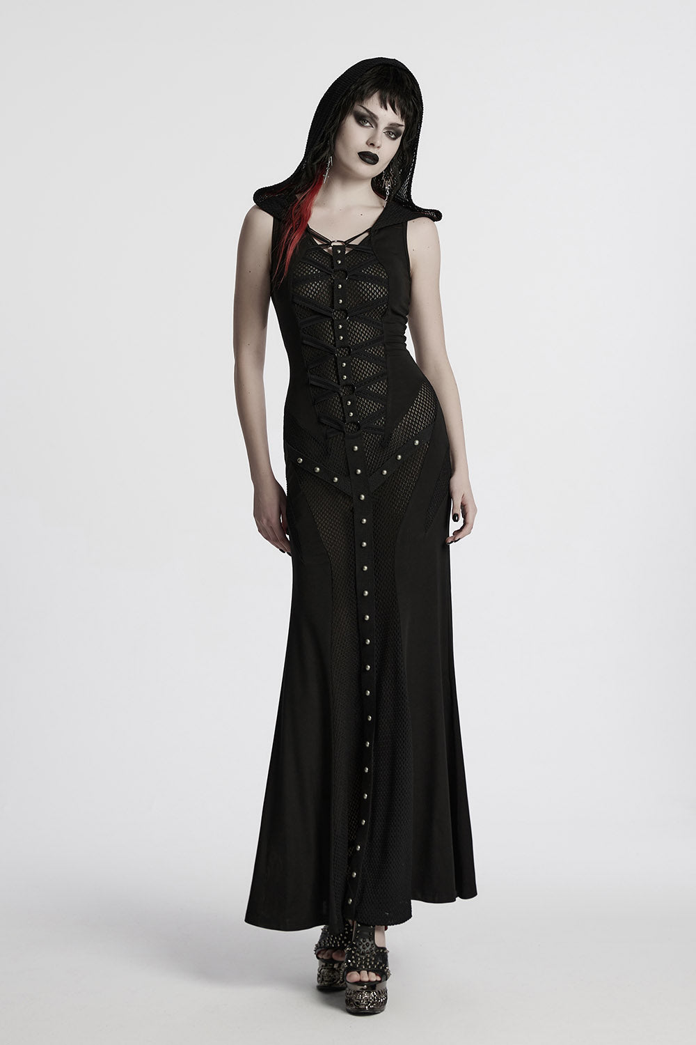 black sheer fishnet hooded apocalyptic dress