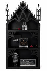 Black gothic-style shelf with decorative items on a white background