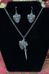 ornate gothic sword and shield necklace and earrings