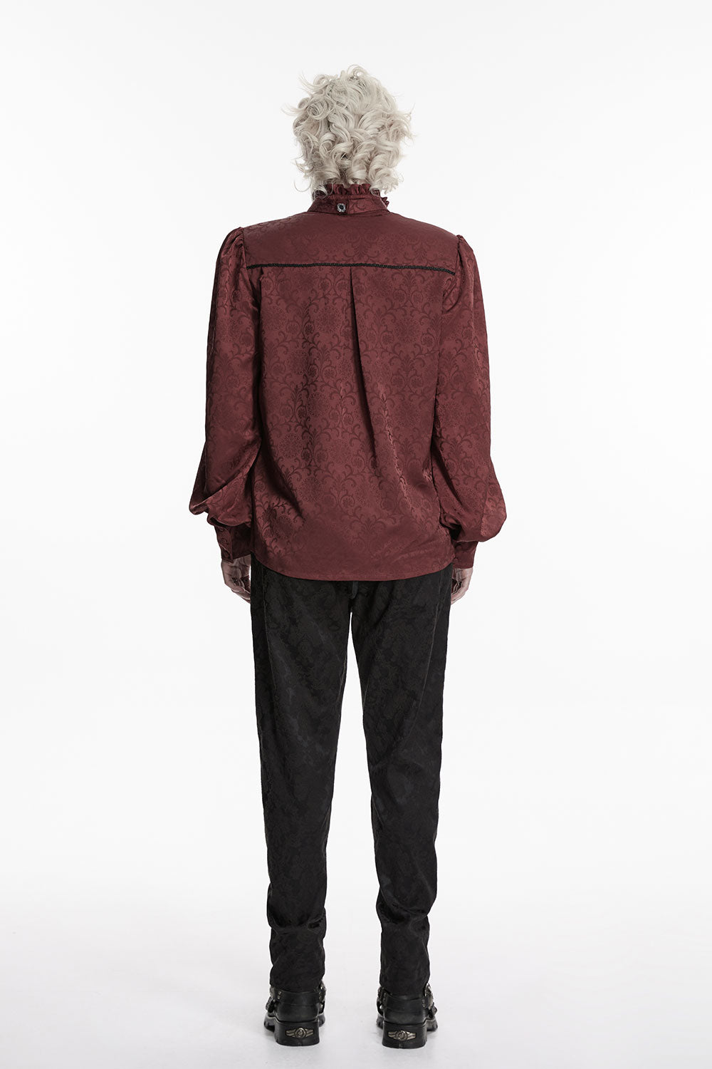 back view of model wearing victorian goth red shirt from punk rave