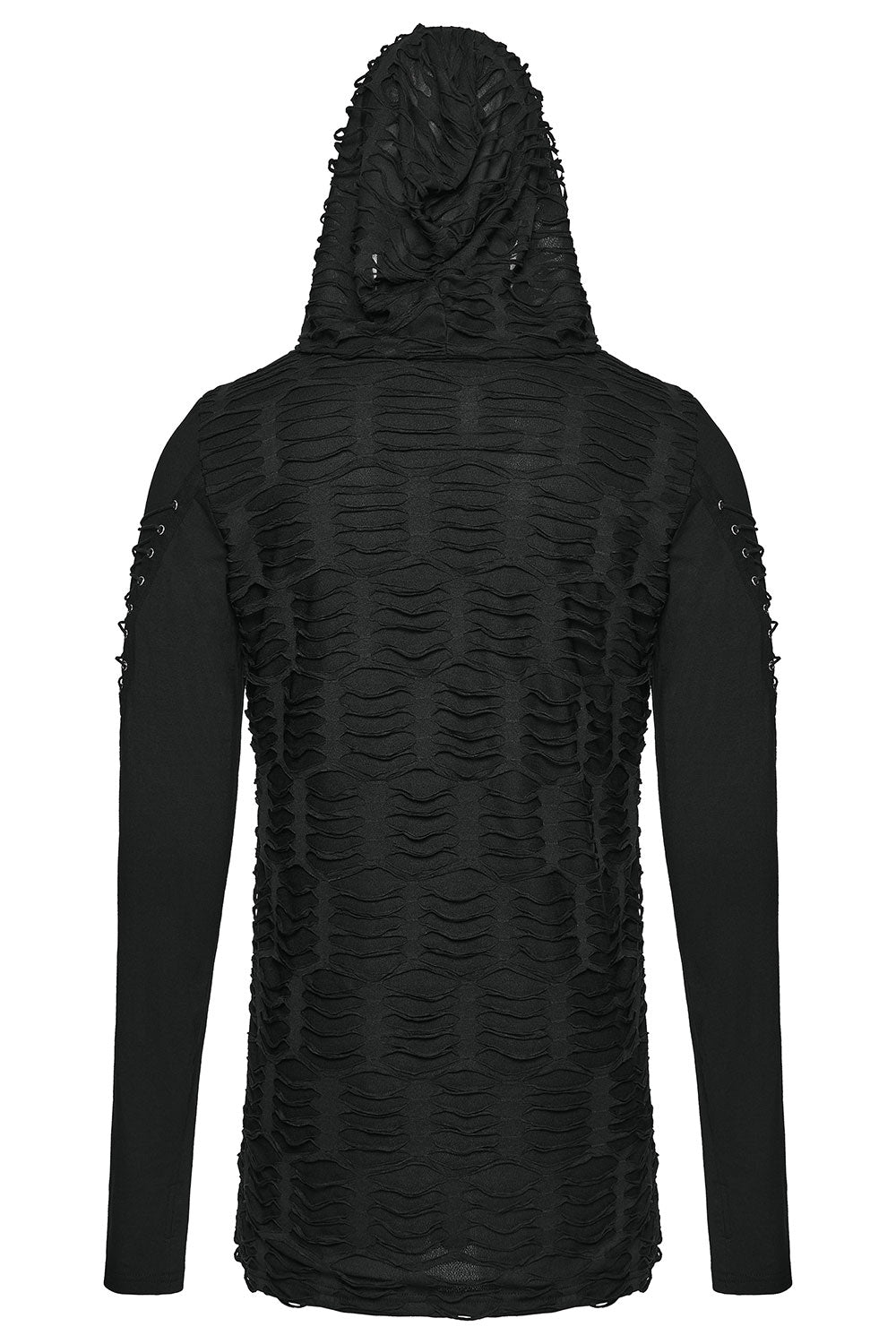back view of punk rave Men's Gothic Ripped Hooded Top