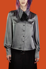 Silver satin womens blouse with removable bow