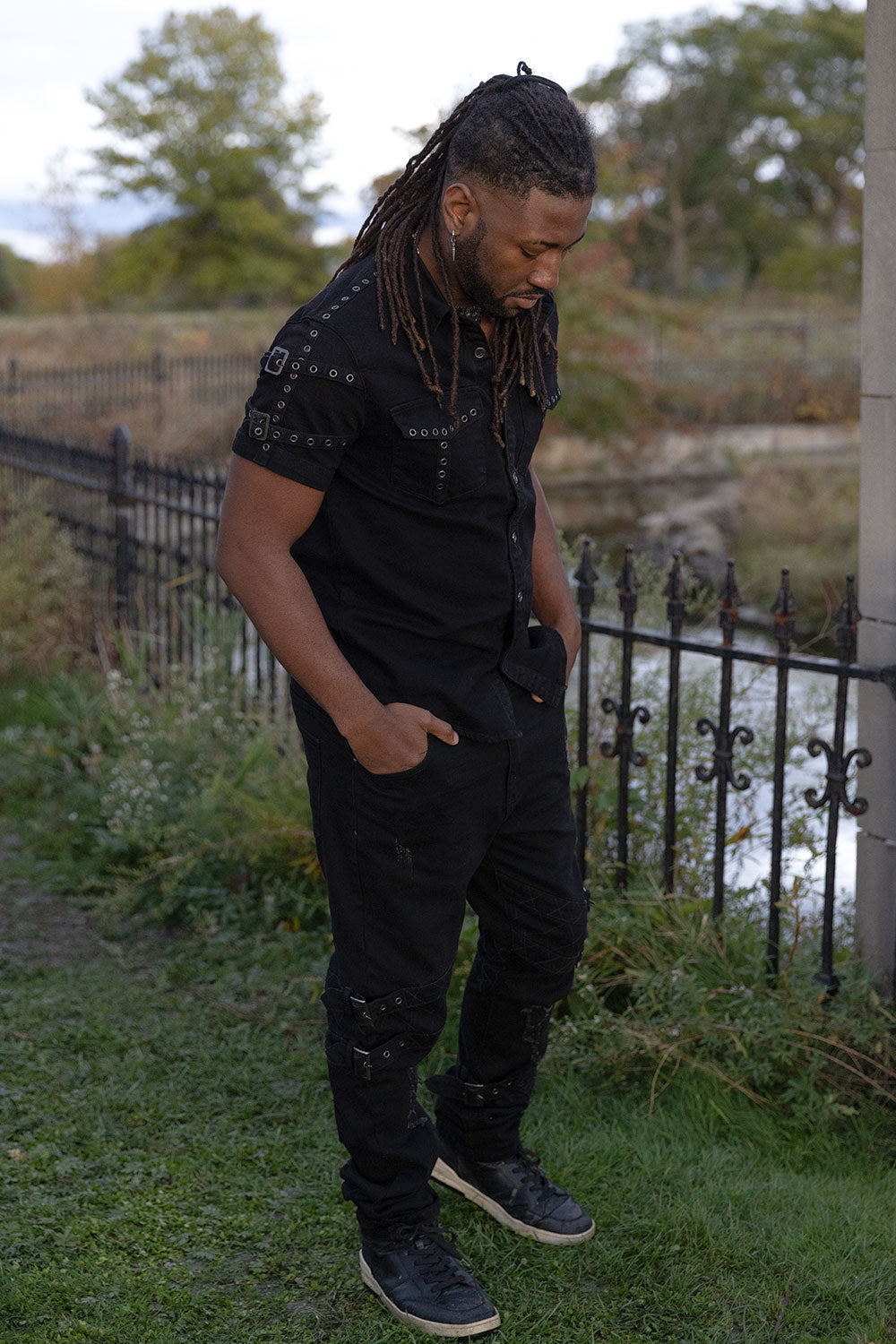 VampireFreaks gothic mens shirt with short sleeves shoulder buckle accents and utility chest pockets for dark punk fashion lovers