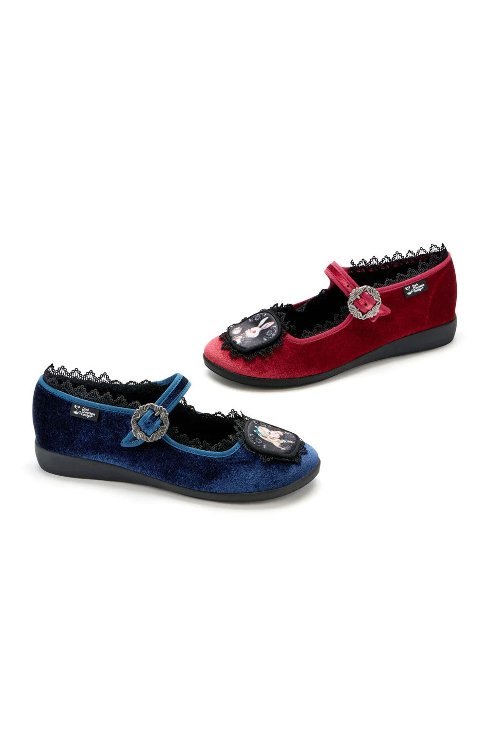 Hot Chocolate Design Alice in Wonder Dark flats with gothic playing card patterns roses and whimsical dark academia aesthetic