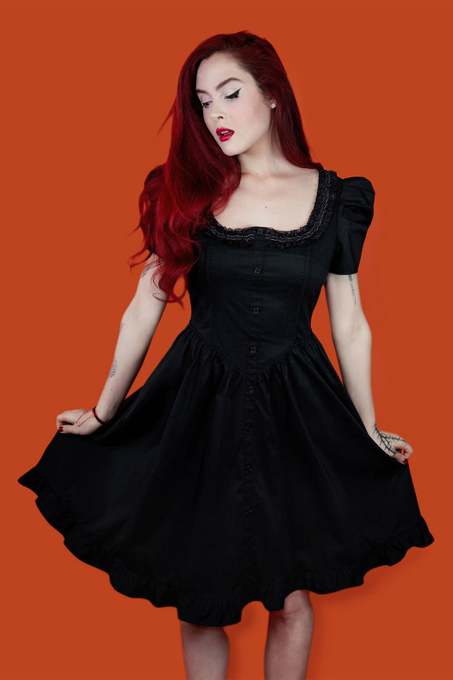 gothic mini dress with puffed sleeves