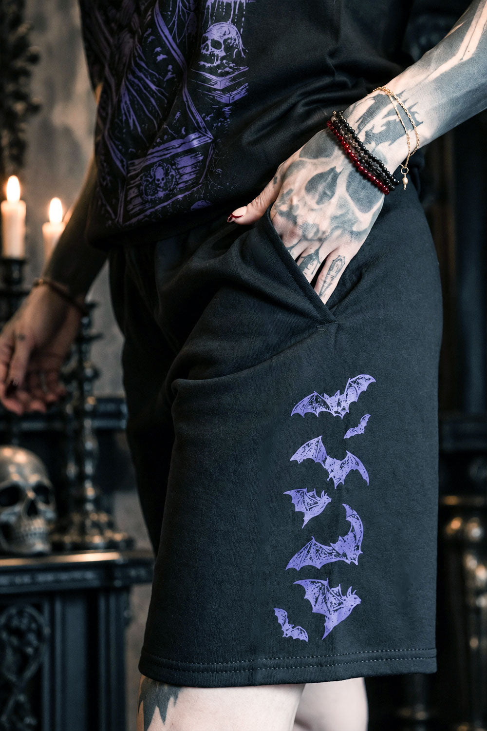 vampirefreaks purple bat graphic black shorts