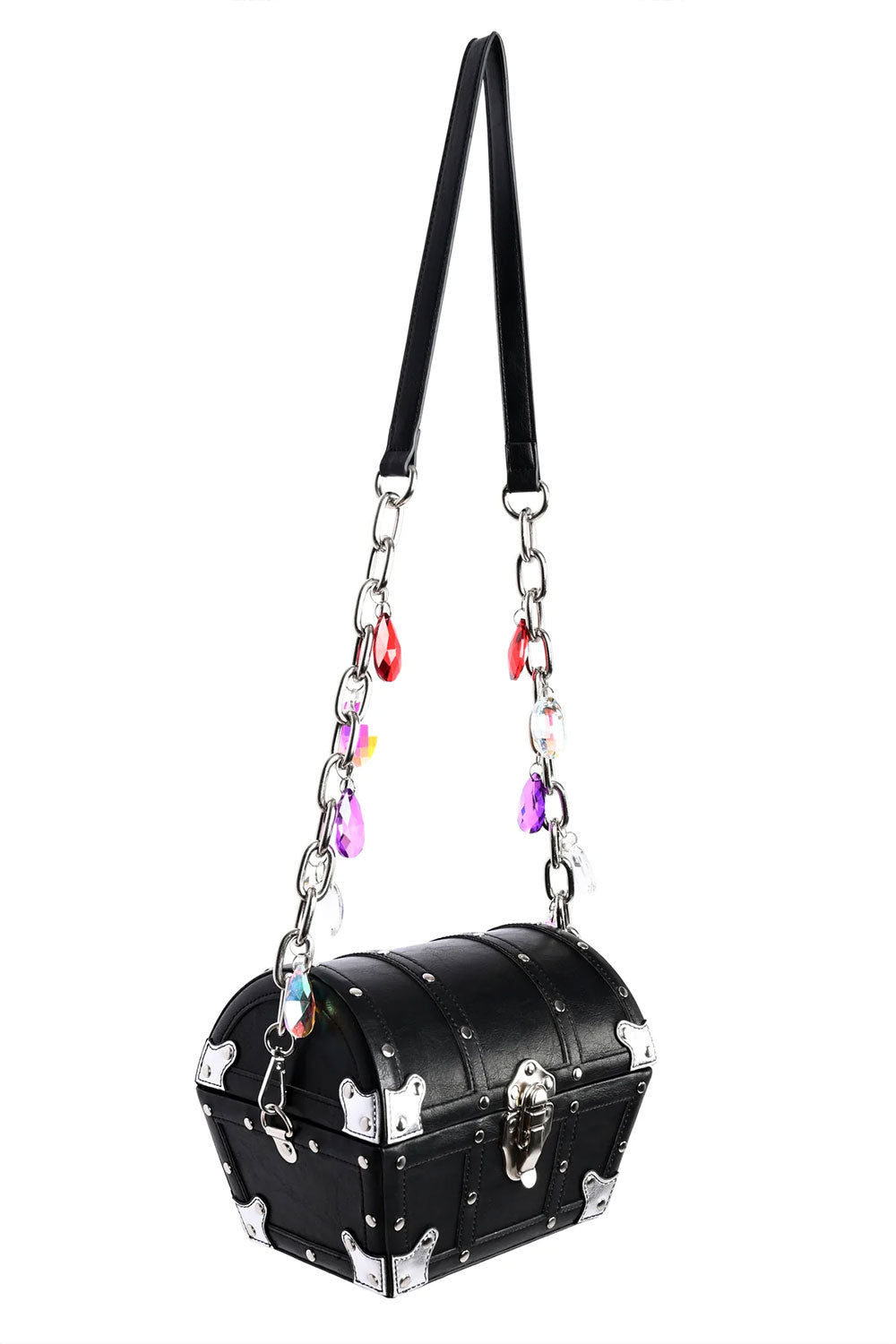 vegan treasure chest bag black PU with silver PU detailing and all silver hardware