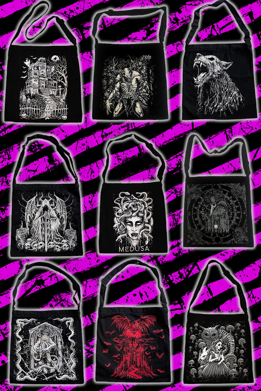 A collection of Shoulder Sling Zipper Tote Bags featuring various gothic and dark art designs on a black background.