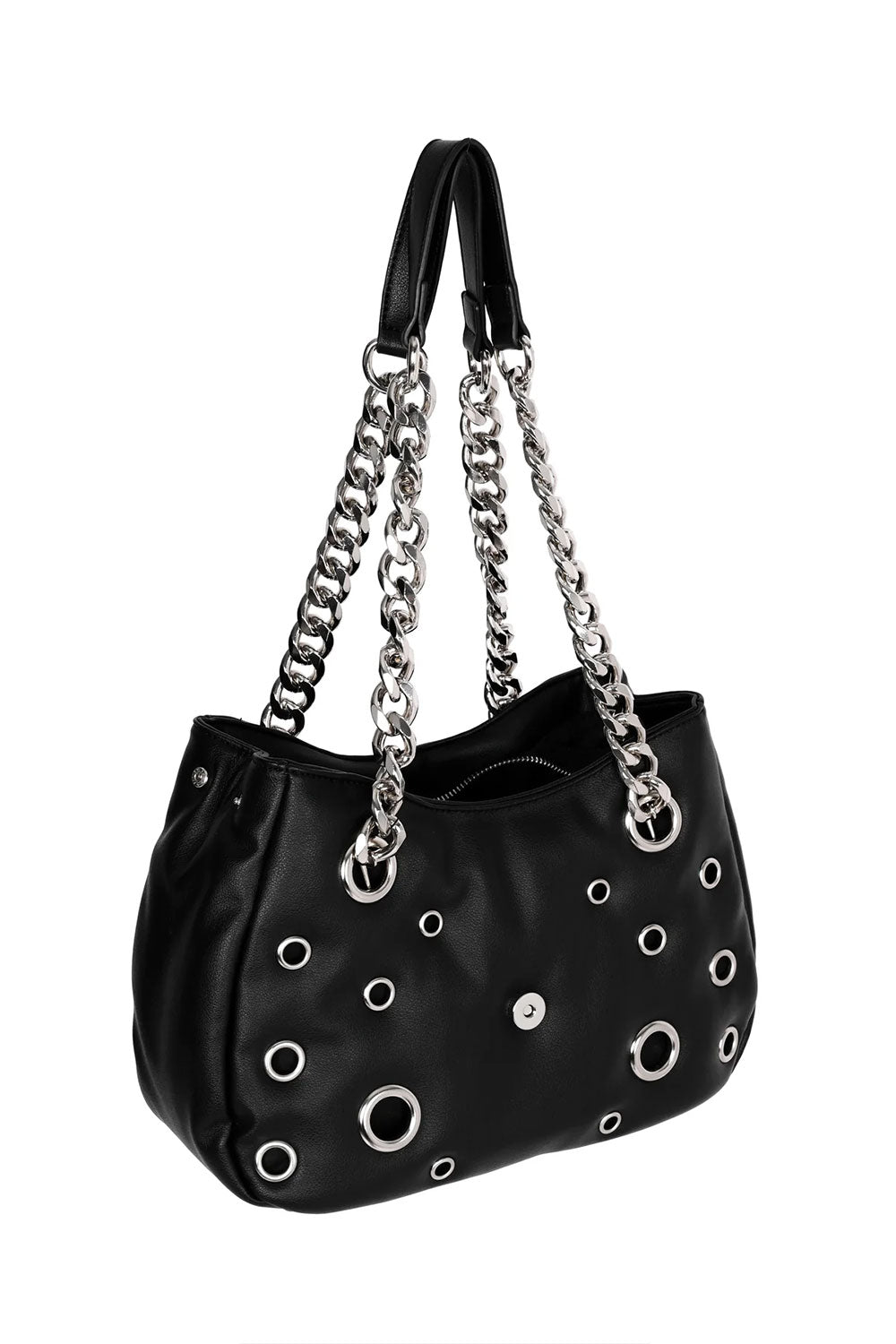 FOXBLOOD Pixie black vegan leather handbag with silver hardware, statement grommets, and chain straps for dark alternative fashion