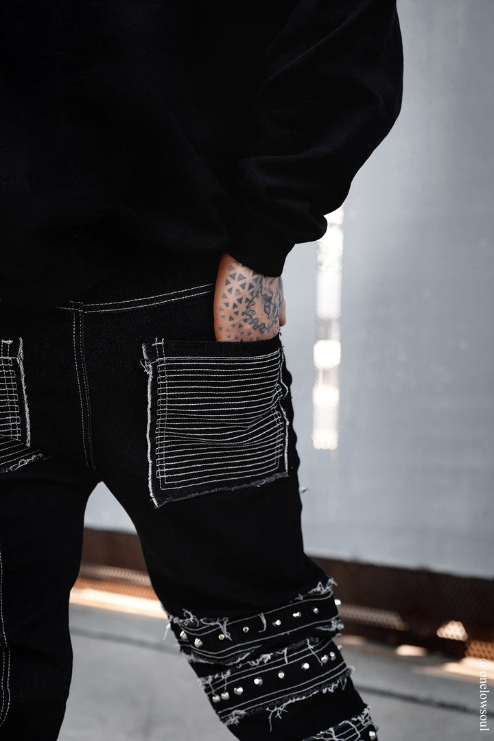 mens stitched shredded punk studded straight-leg  apocalyptic pants