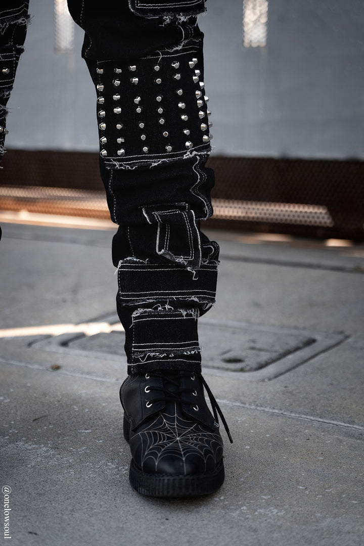 mens shredded rocker black punk studded straight-leg  apocalyptic pants