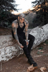 mens black distressed shredded and studded pants