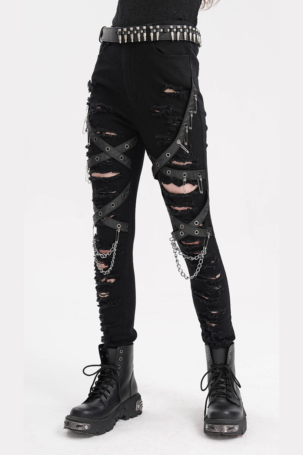 womens punk safety pin chain pants 