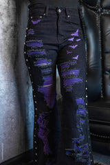 purple embroidered shredded denim jeans for women