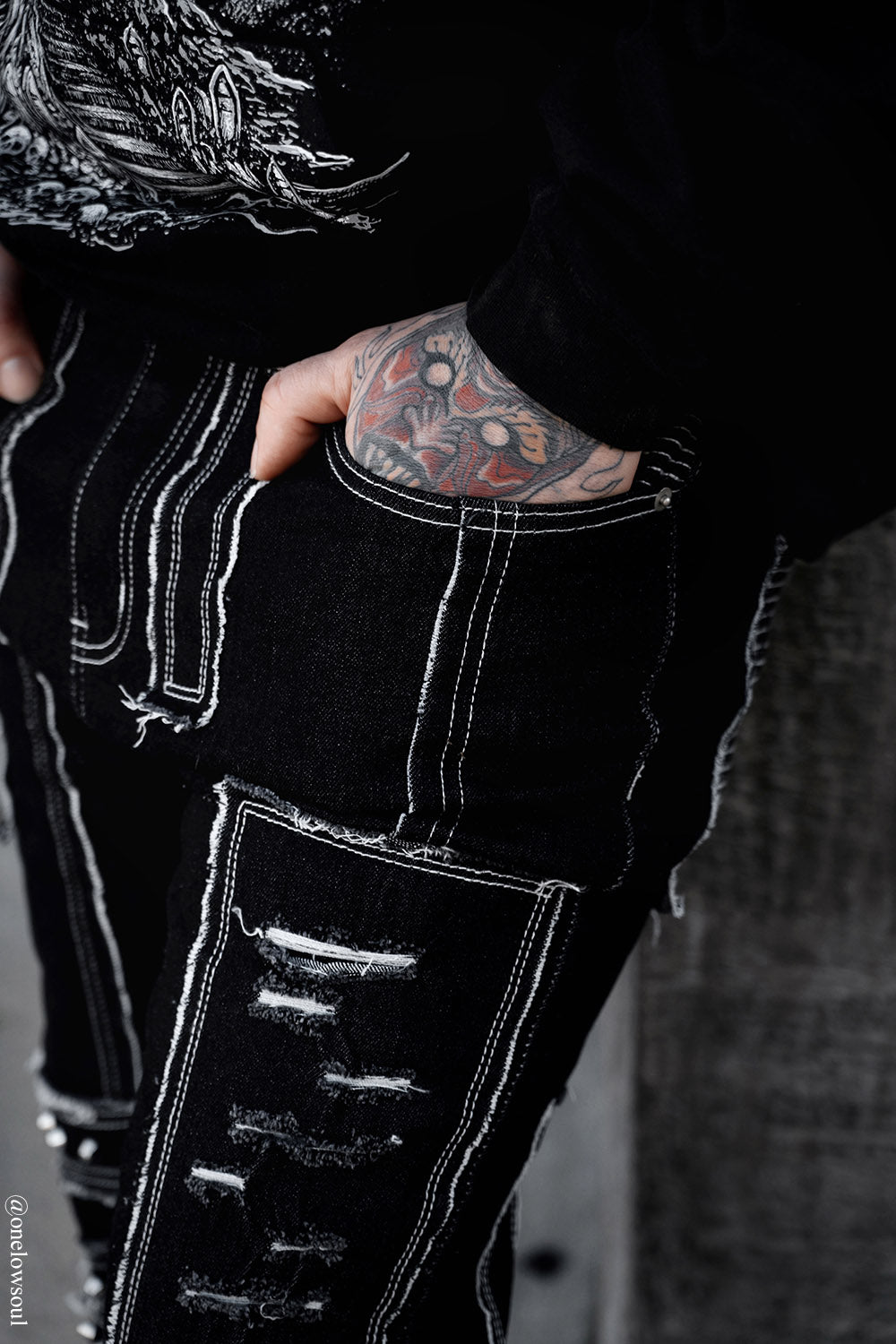 mens shredded punk studded straight-leg black and white apocalyptic pants