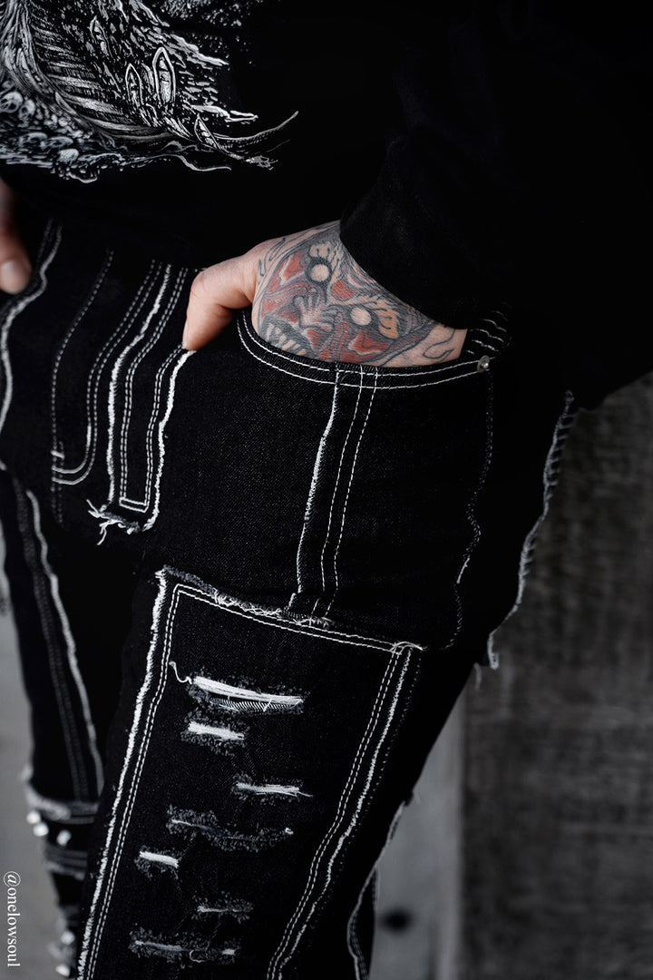 mens shredded punk studded straight-leg black and white apocalyptic pants