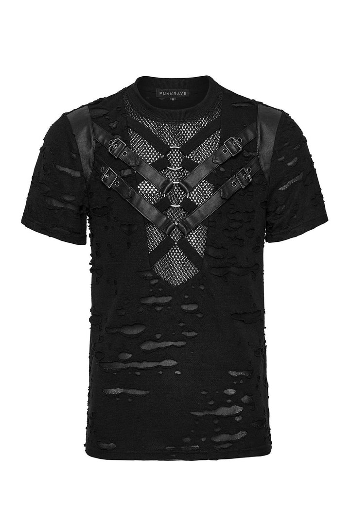 mens short sleeve gothic tshirt with straps and o-rings by punk rave